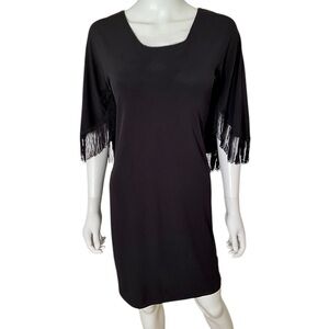 Spense Black Fringe Dress Long Sleeve Scoop Neck Pullover Size 8